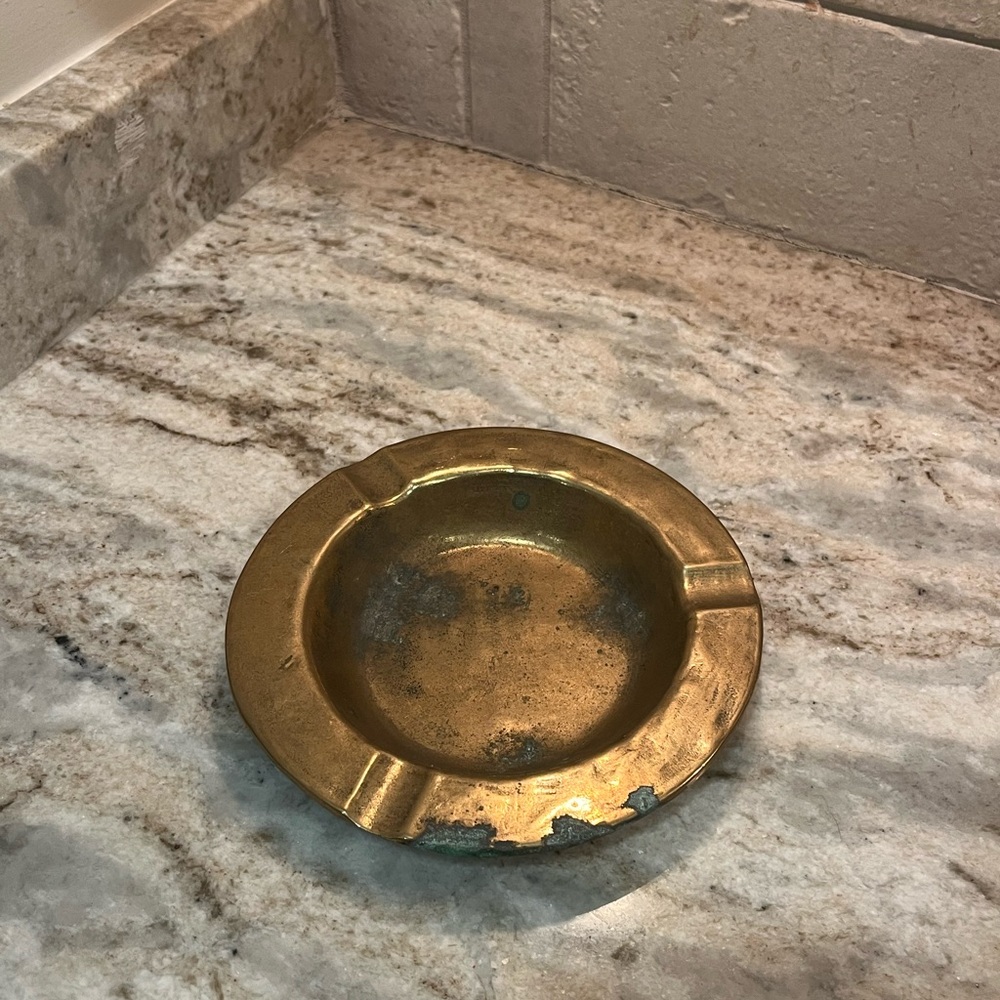 Vintage Solid Brass Round Ashtray With Signature - Heavy - 6.25in Diameter